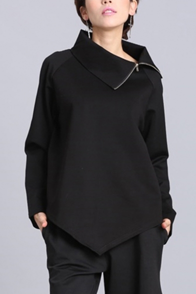 Ladies Cool Tee Top Black Long Sleeve Asymmetric Neck Zip Up Irregular Hem Relaxed T Shirt