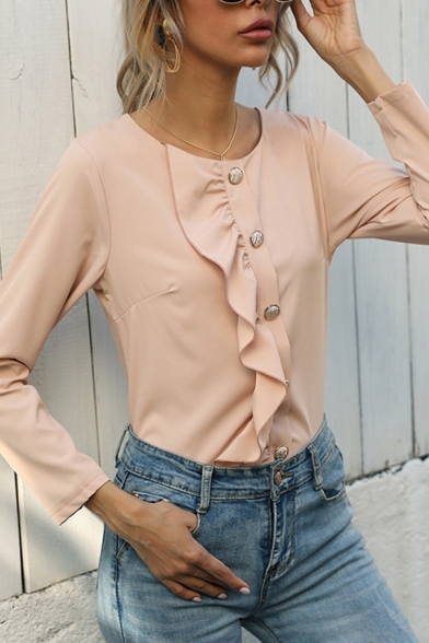Ladies Elegant Solid Color Long Sleeve Round Neck Ruffled Trim Button Up Fit Shirt Top