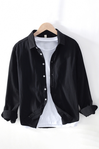 Leisure Men's Shirt Solid Color Button Closure Long Sleeves Spread Collar Regular Fitted Shirt