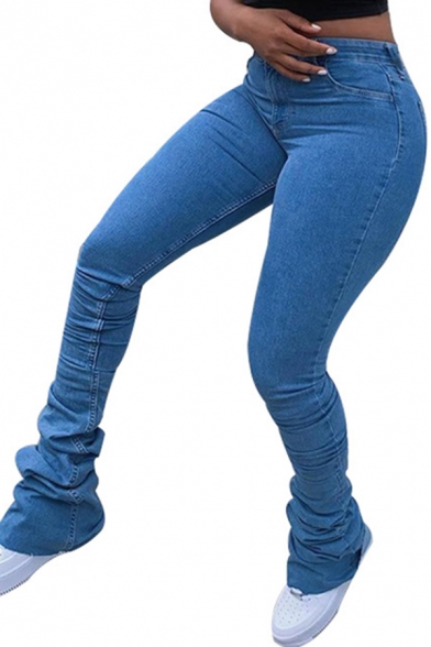 Leisure Women's Jeans Solid Color Side Pockets Button Fly Stacked Skinny Jeans with Washing Effect