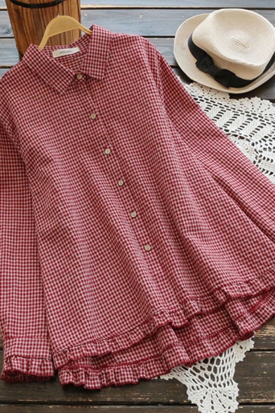 Leisure Women's Shirt Blouse Plaid Pattern Button Fly High-Low Point Collar Ruffles Trim Long Sleeves Relaxed Fit Shirt Blouse