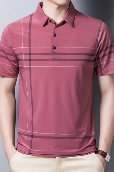 Mens Business Polo Shirt Creative Stripe Grid Print Button Detail Turn-down Collar Slim Fit Short Sleeve Polo Shirt