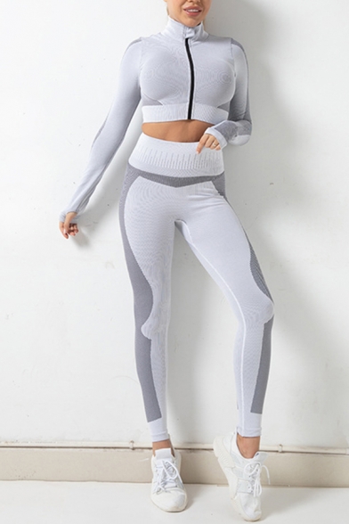 Popular Womens Co-ords Contrasted Long Sleeve Stand Collar Zipper Front Fit Crop Top & Leggings Set