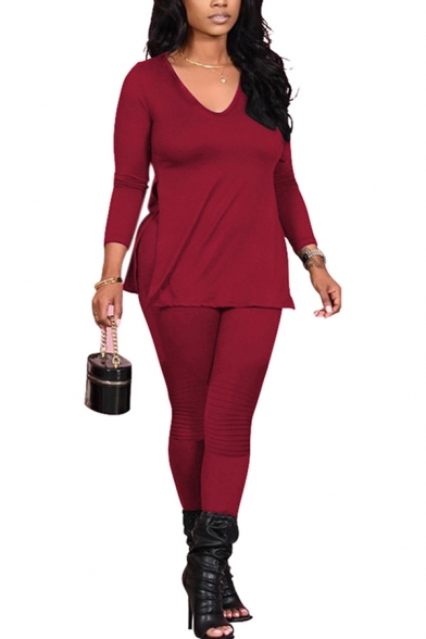 Popular Womens Co-ords Solid Color Long Sleeve V-neck Relaxed Tee Top & Fitted Pants Set