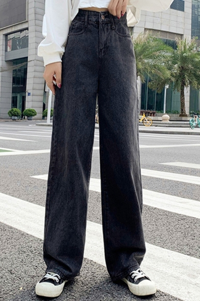 Popular Womens Jeans Solid Color High Waist Long Length Wide-leg Jeans