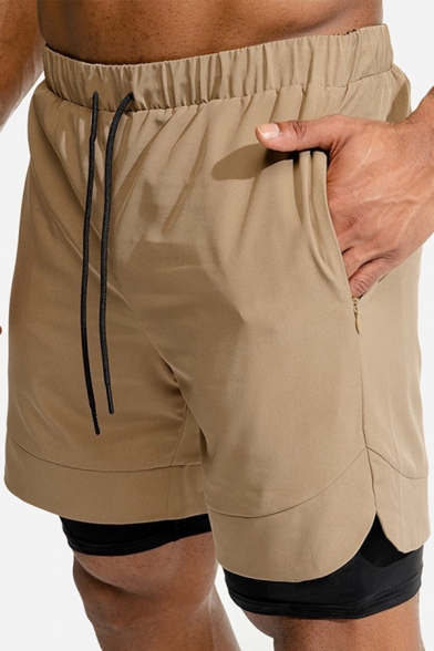 Retro Men's Training Shorts Fulling Line Invisible Pocket Drawstring Elastic Waist Double-Layered Shorts