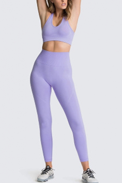 Running Solid Racerback Cropped Tank Top & Ankle Tight Leggings Co-ords for Ladies
