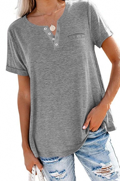 Simple Womens T Shirt Solid Color Short Sleeve V-neck Button Up Relaxed T Shirt