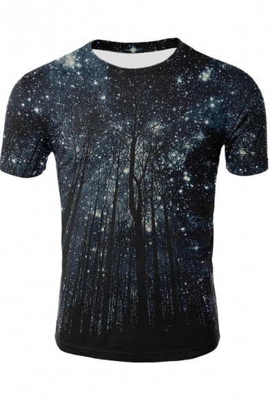 Stylish Men's Tee Top Forest Night Sky 3D Print Crew Neck Short-sleeved Regular Fitted T-Shirt