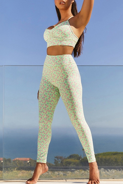Stylish Womens Co-ords Ditsy Floral Print Halter Racerback Fit Crop Cami & Fitted Leggings Set