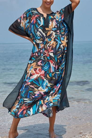 Summer Stylish Tropical Plant Printed One Shoulder Tassel Hem Maxi Kaftan Dress