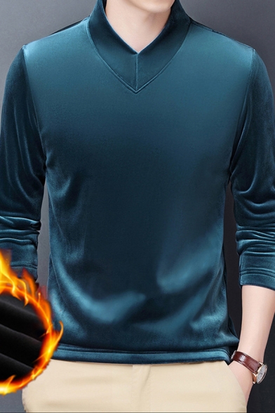 Thickened Tee Top Velvet Long Sleeve V-neck Slim Fitted Solid Color T Shirt for Men