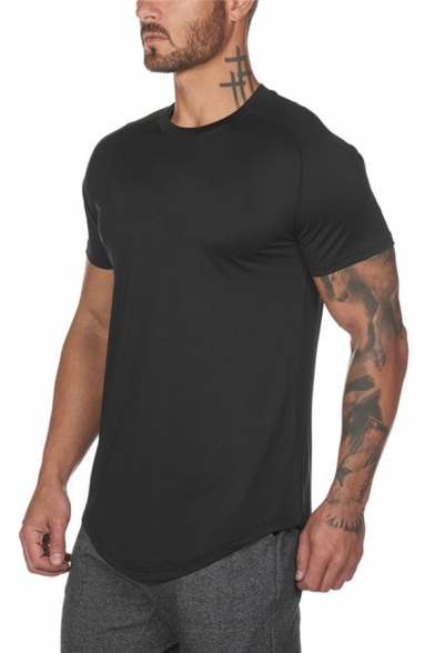 Trendy Men's T-Shirt Plain Round Neck Asymmetrical Hem Raglan Short-sleeved Fitted Tee Top