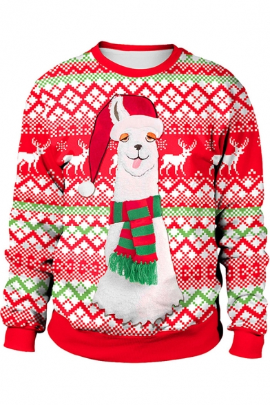 Trendy Women's Sweatshirt Graphic Alpaca Reindeer Print Contrast Trim Round Neck Long-sleeved Regular Fitted Sweatshirt