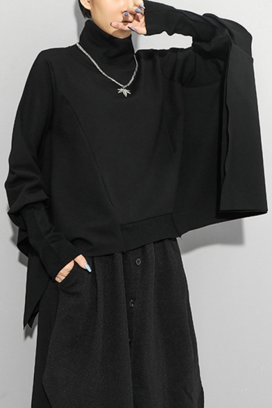 Trendy Womens Black Sweatshirt Batwing Sleeve High Neck Asymmetric Hem Loose Fit Pullover Sweatshirt