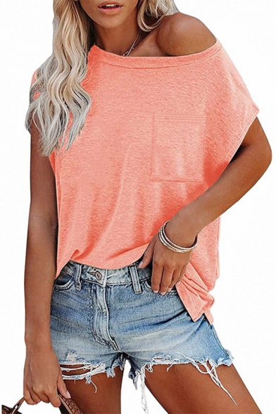 Trendy Womens Tee Top Solid Color Short Sleeve Boat Neck Loose T Shirt