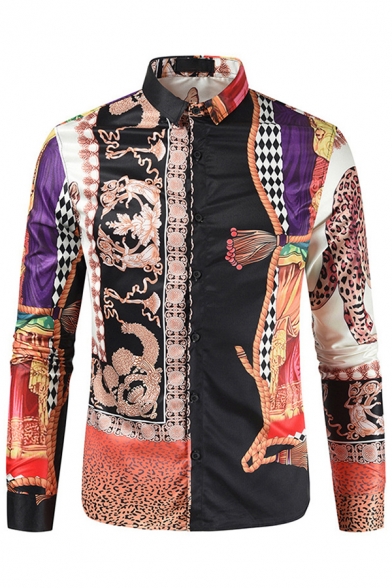 Tribal Style Men's Shirt Button-down Point Collar All over Chain Floral Tribal Art Print Long-sleeved Regular Fitted Shirt