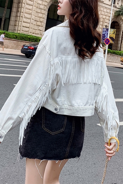 Women's Fringed Embellished Single-Breasted White Denim Cropped Jacket Coat