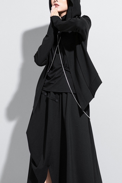 Womens Hip Hop Coat Long Sleeve Hooded Open-front Asymmetric Hem Relaxed Coat in Black