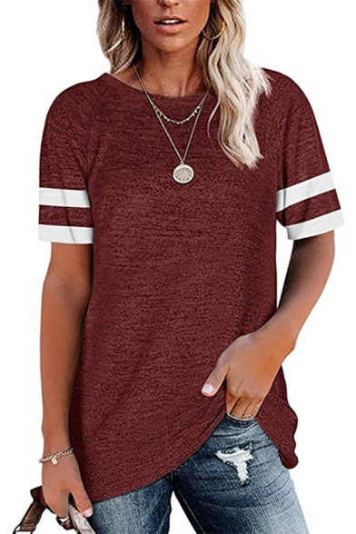 Womens T Shirt Varsity Stripe Printed Short Sleeve Crew Neck Relaxed Casual T Shirt