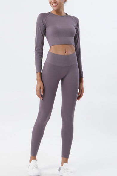 Womens Yoga Plain Long Sleeve Crew Neck Fit Crop T-shirt & Ankle Length Tight Leggings Set