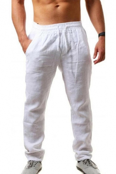 Casual Men's Pants Cotton and Linen Plain Side Pocket Drawstring Elastic Waist Regular Fitted Long Straight Pants