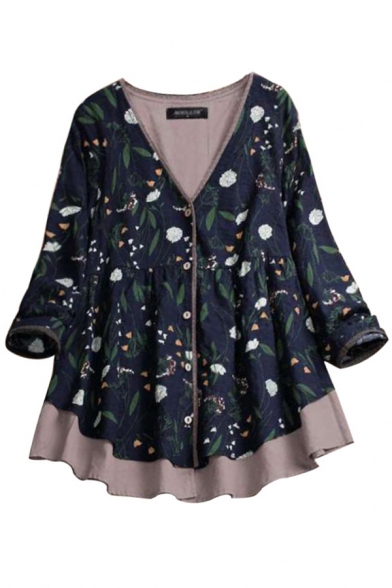 Casual Women's Shirt Floral Pattern Button Fly Patchwork Contrast Panel Long Sleeves Relaxed Fit Shirt Blouse