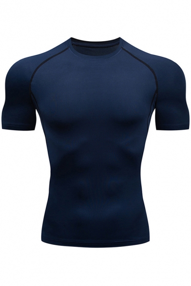 Cool Mens Fitness T-Shirt Flatlock Seam Raglan Quick Dry Stretch Skinny Fitted Short Sleeve Crew Neck Tee Top