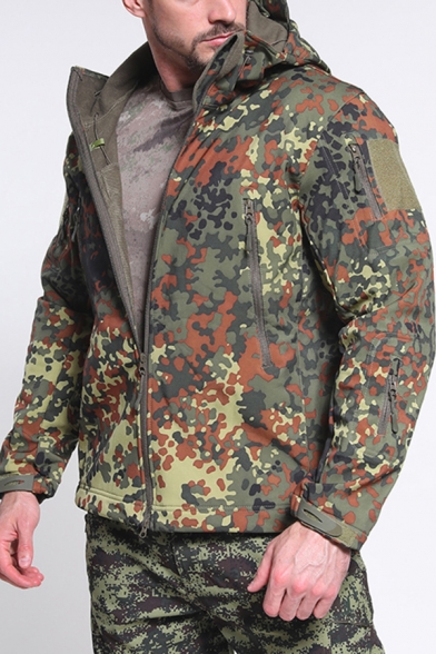 Cool Mens Jacket Camo Tree Printed Sherpa Liner Long Sleeve Hooded Zip Up Loose Jacket