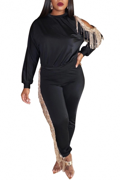 Final Sale Plus Size 2-Piece Top and Pants Set in Black with Gold