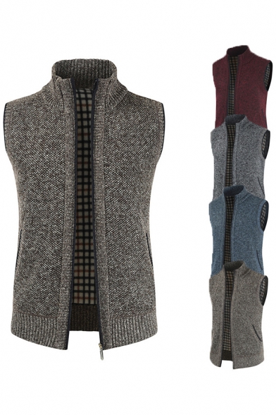 Elegant Mens Knitted Vest Heathered Side Pockets Sleeveless Stand Collar Ribbed Trim Zip Closure Regular Fitted Sweater Vest