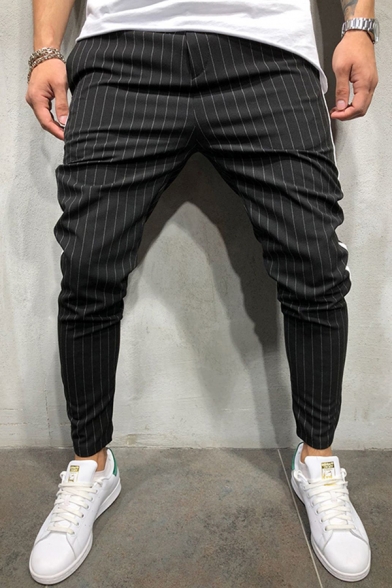 Elegant Mens Pants Stripe Pattern Mid Waist Ankle Length Regular Fitted Pants