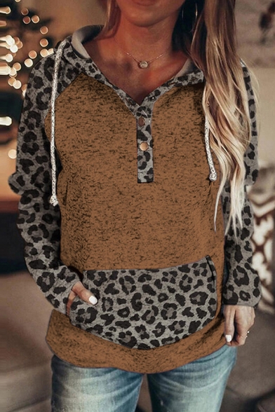 Women's Hoodie Leopard Print Raglan Long Sleeves Regular Fitted Drawstring Hooded