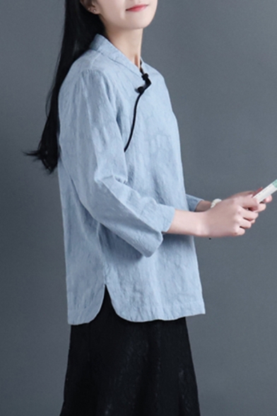 Elegant Women's Shirt Blouse Solid Color Contrast Stitching Frog Button Stand Collar Side Split 3/4 Sleeves Regular Fitted Blouse