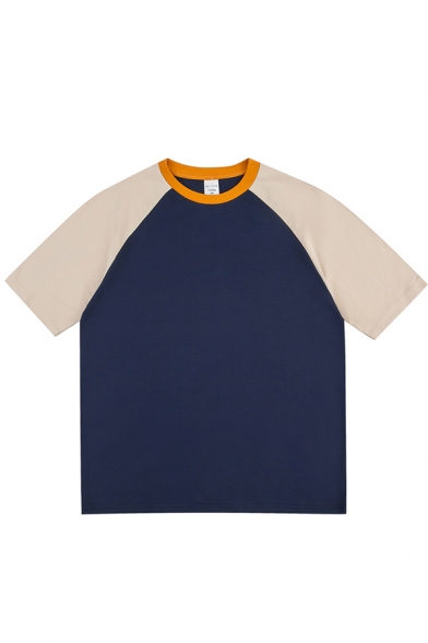 Fancy Men's Tee Top Contrast Panel Color Block Raglan Short-sleeved Crew Neck Regular Fitted T-Shirt