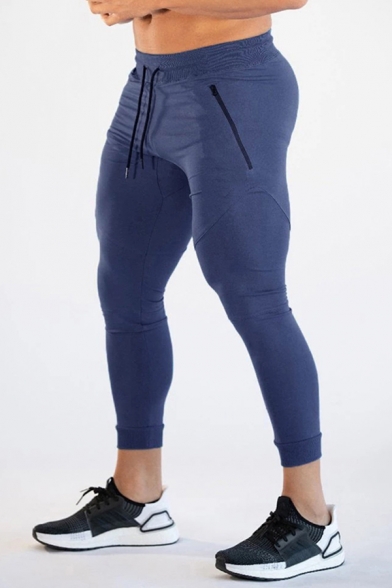 Fancy Mens Pants Solid Color Zip Pocket Elastic Drawsting Waist 7/8 Length Skinny Training Pants