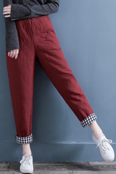 Fancy Women's Pants Contrast Plaid Pattern Side Pockets Quilted Design Elastic High Waist Ankle Length Tapered Trousers