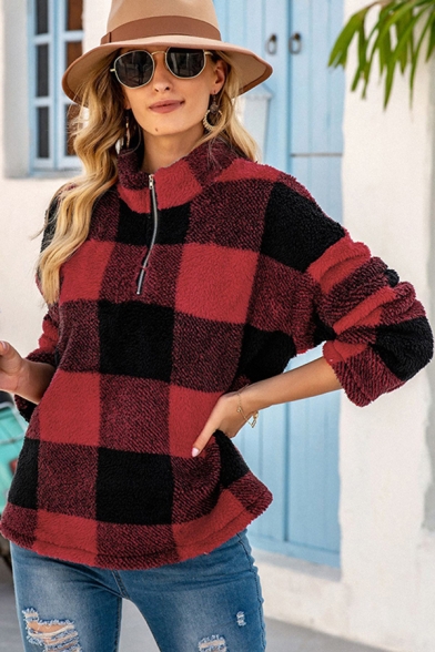 Fashion Girls Sweatshirt Plaid Printed Long Sleeve Stand Collar Zip Up Relaxed Fit Pullover Sweatshirt