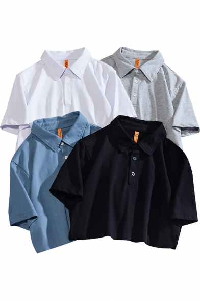 Fashion Mens Polo Shirt Short Sleeve Point Collar Button-up Relaxed Fit Plain Polo Shirt