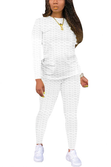 Girls Simple Co-ords Plain Long Sleeve Crew Neck Slim Fitted Waffle T Shirt & Pants Set