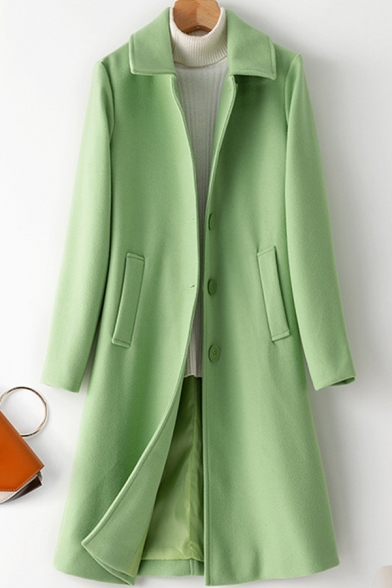 Hepburn Style Plain Coat Long Sleeve Spread Collar Button Up Longline Loose Fit Wool Coat