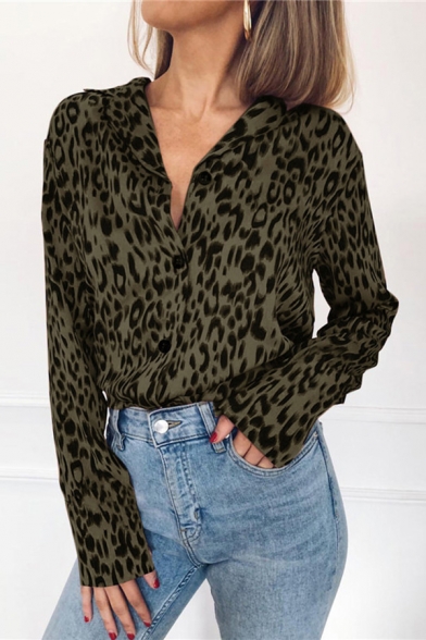 Hot Girls Shirt Leopard Pattern Long Sleeve Notched Collar Button Up Loose Shirt Top