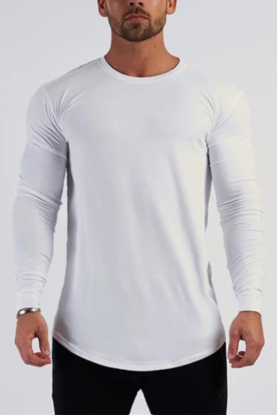 Leisure Men's Tee Top Solid Color Round Neck Long Sleeves Slim Fitted Bottoming T-Shirt