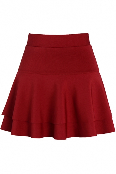 Leisure Women's A-Line Skirt Solid Color Tiered Pleated High Rise A-Line Skirt