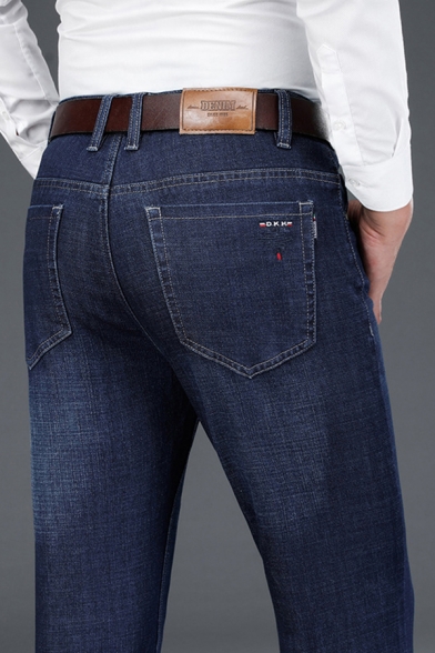 Novelty Mens Business Jeans Dark Wash Pockets Stretch Zipper Fly Regular Fit Long Straight Jeans