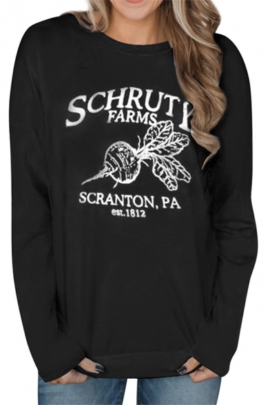 Popular Womens Letter Schrute Farm Graphic Long Sleeve Crew Neck Loose Pullover Sweatshirt