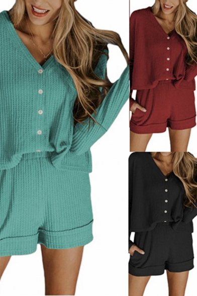Pretty Ladies Co-ords Plain Ribbed Long Sleeve V-neck Button Up Knit Relaxed Cardigan & Shorts Set