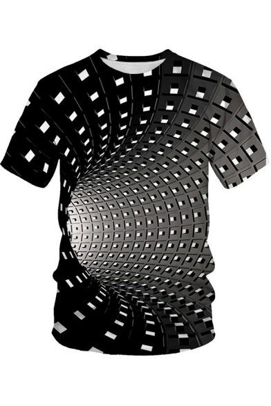 Retro Men's Tee Top 3D Dizziness Digital Pattern Round Neck Short-sleeved Regular Fitted T-Shirt