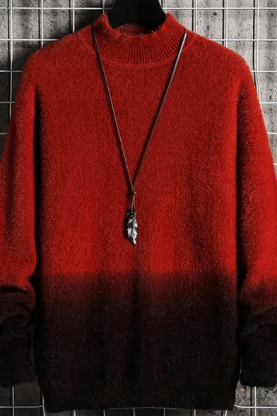 Retro Mens Sweater Ombre Pattern Ribbed Trim Velvet Long-sleeved Regular Fitted Knitted Sweater