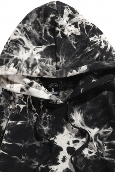 Retro Mens Tie Dye Smog Printed Front Pockets Long Sleeves Loose Fitted Drawstring Hooded Sweatshirt